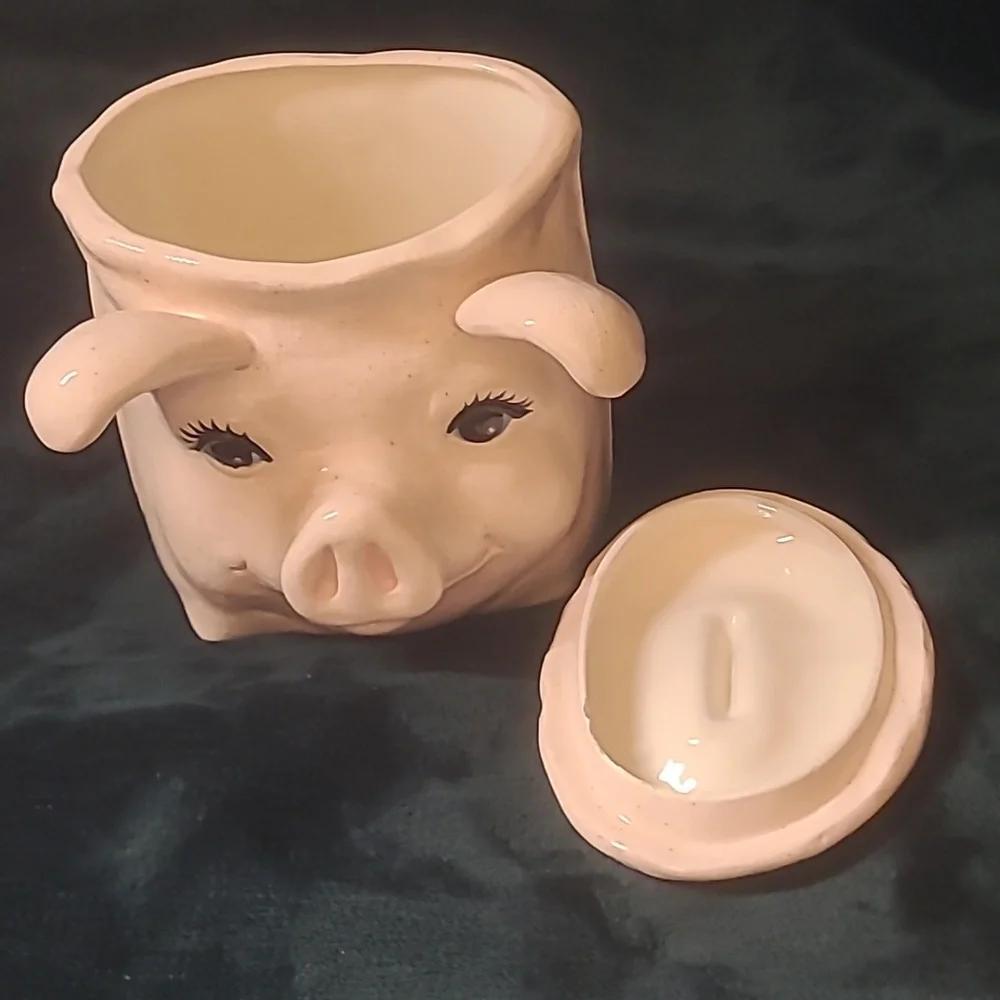 Vintage Pink Ceramic Pig cookie jar two pieces